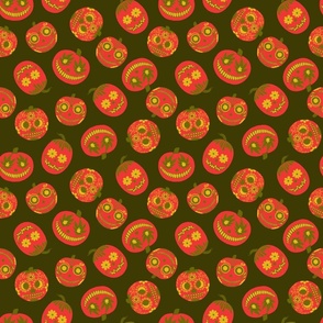  Pink Halloween Pumpkins on Green - Small Scale