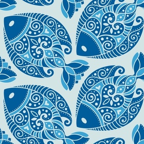 Folk art Dancing fish blue (Pantone Ultra-Steady )(large size)