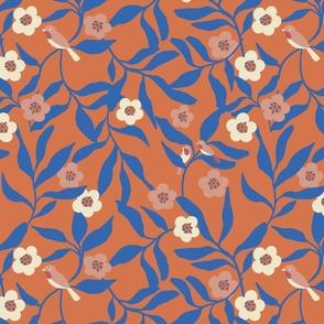 Hidden birds on branches , bold orange and blue 