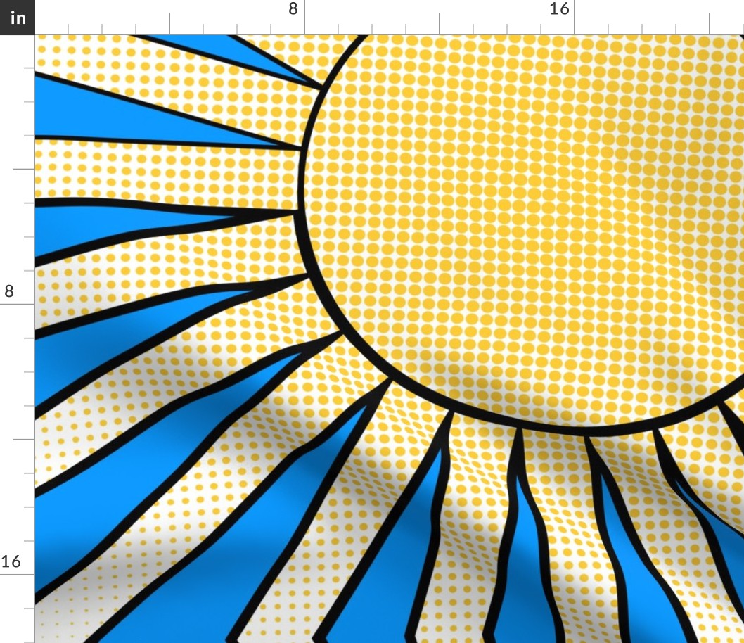 Blue sky, sun with yellow  pop art dot grid.