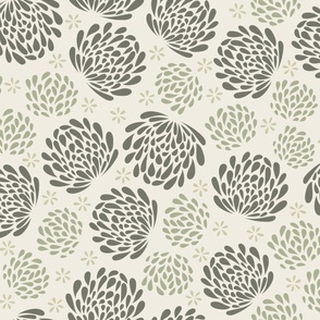 big blooms - creamy white_ limed ash_ light sage green_ thistle green - hand drawn floral