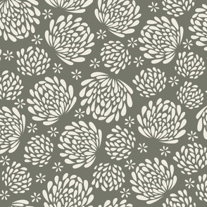 big blooms - creamy white_ limed ash green - hand drawn floral