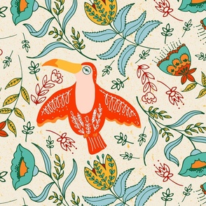 Folk Art Floral and Tucan Birds in red, blue and green with texture_jumbo