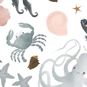 Under the sea coastal shells and cute hand-drawn animals // JUMBO scale
