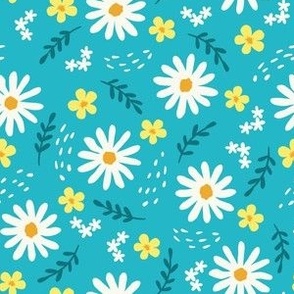 White daisy flowers on a teal blue, small scale, ditsy. 