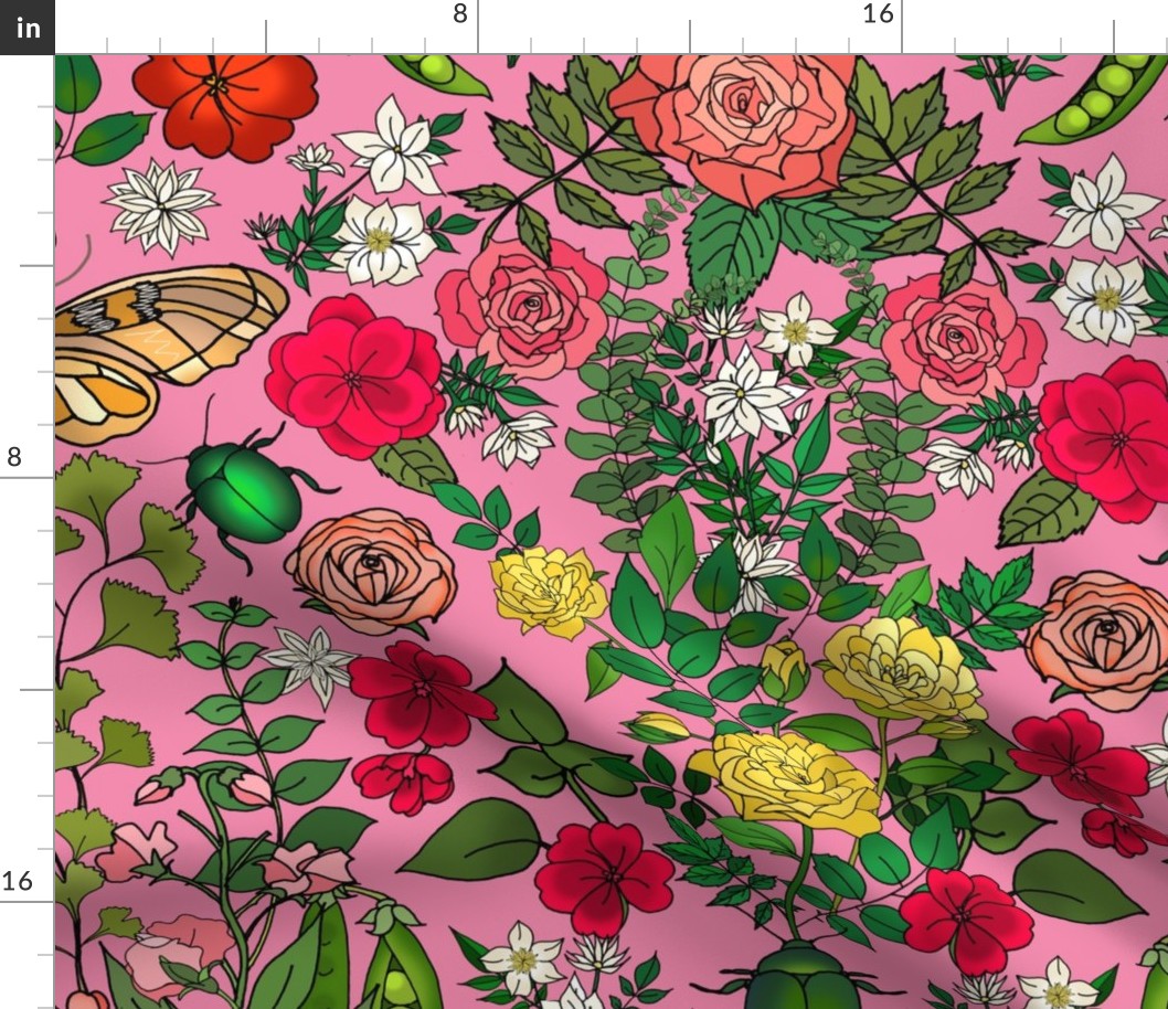 Butterflies, Beetles and Blooms (Pink large scale) 