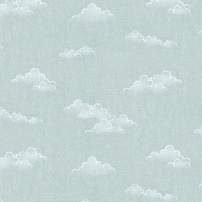 Chambray Cotton Clouds in Sea Mist | Hand drawn, summer clouds on natural cotton, chambray pattern, warp and weft weave pattern, sky with clouds on sea green blue.