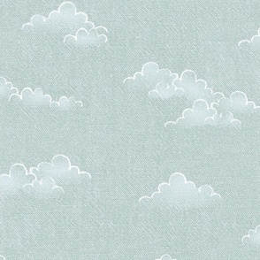 Chambray Cotton Clouds in Sea Mist (large scale) | Hand drawn, summer clouds on natural cotton, chambray pattern, warp and weft weave pattern, sky with clouds on sea green blue.