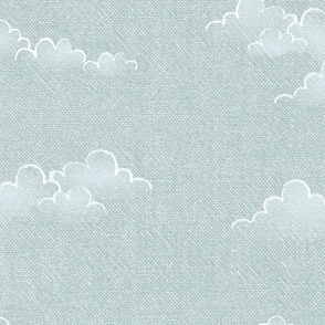 Chambray Cotton Clouds in Sea Mist (xl scale) | Hand drawn, summer clouds on natural cotton, chambray pattern, warp and weft weave pattern, sky with clouds on sea green blue.