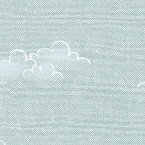 Chambray Cotton Clouds in Sea Mist (xxl scale) | Hand drawn, summer clouds on natural cotton, chambray pattern, warp and weft weave pattern, sky with clouds on sea green blue.