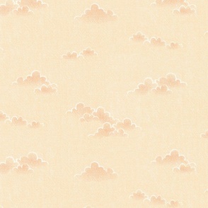Chambray Cotton Clouds in Orange Sherbet | Hand drawn, summer clouds on natural cotton, chambray pattern, warp and weft weave pattern, sky with clouds on sunrise yellow and orange.