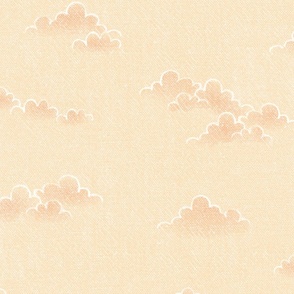 Chambray Cotton Clouds in Orange Sherbet (large scale) | Hand drawn, summer clouds on natural cotton, chambray pattern, warp and weft weave pattern, sky with clouds on sunrise yellow and orange.