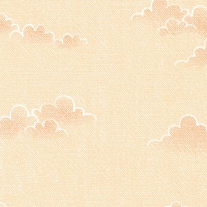 Chambray Cotton Clouds in Orange Sherbet (xl scale) | Hand drawn, summer clouds on natural cotton, chambray pattern, warp and weft weave pattern, sky with clouds on sunrise yellow and orange.