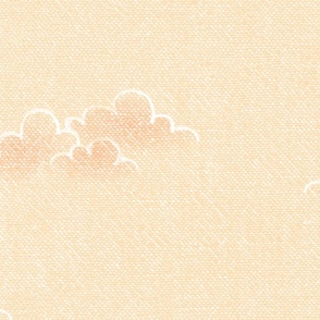 Chambray Cotton Clouds in Orange Sherbet (xxl scale) | Hand drawn, summer clouds on natural cotton, chambray pattern, warp and weft weave pattern, sky with clouds on sunrise yellow and orange.