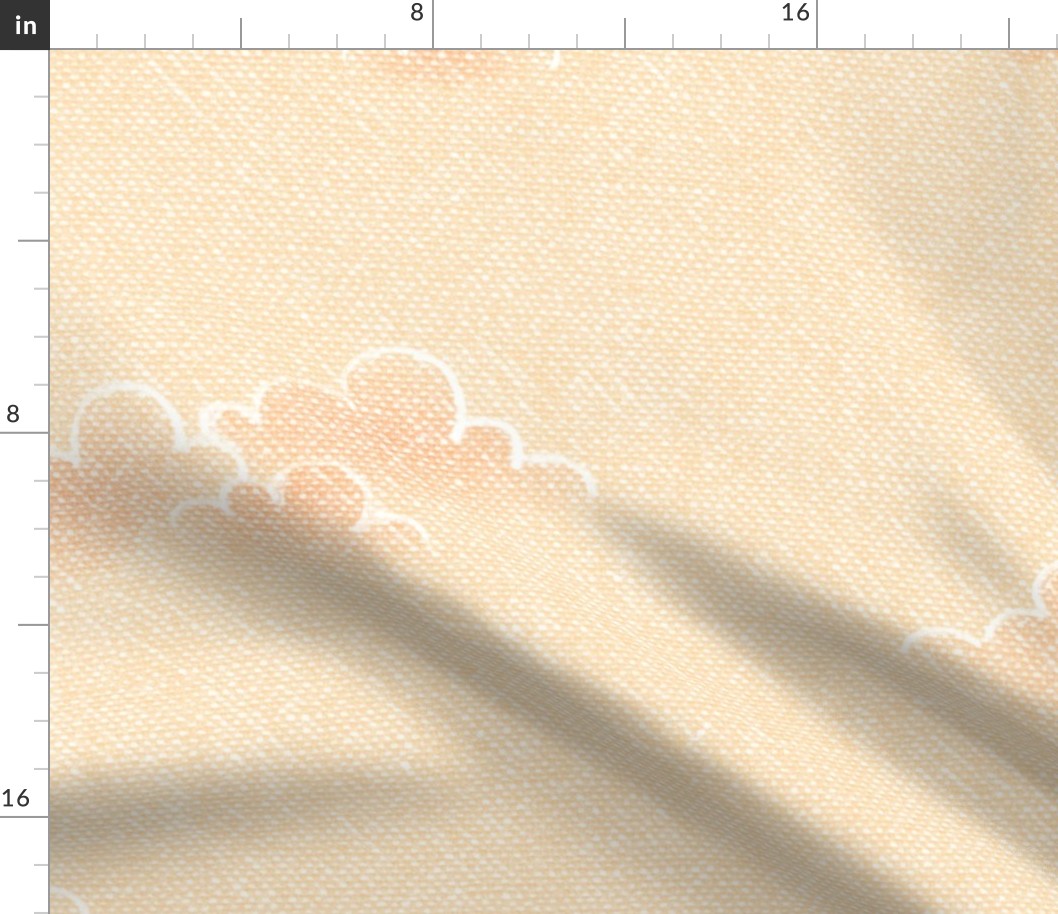Chambray Cotton Clouds in Orange Sherbet (xxl scale) | Hand drawn, summer clouds on natural cotton, chambray pattern, warp and weft weave pattern, sky with clouds on sunrise yellow and orange.