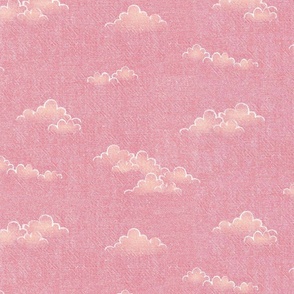 Chambray Cotton Clouds in Watermelon Sunset | Hand drawn, summer clouds on natural cotton, chambray pattern, warp and weft weave pattern, sky with clouds on sunset pink and orange.