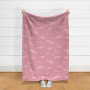 Chambray Cotton Clouds in Watermelon Sunset (large scale) | Hand drawn, summer clouds on natural cotton, chambray pattern, warp and weft weave pattern, sky with clouds on sunset pink and orange.