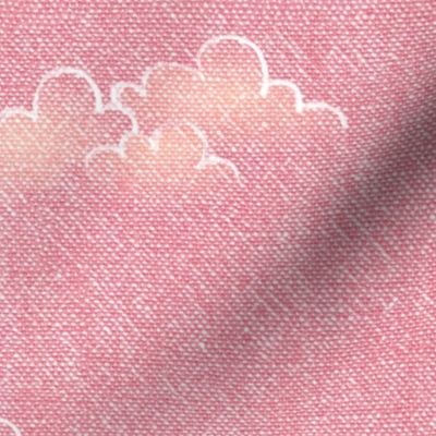 Chambray Cotton Clouds in Watermelon Sunset (large scale) | Hand drawn, summer clouds on natural cotton, chambray pattern, warp and weft weave pattern, sky with clouds on sunset pink and orange.