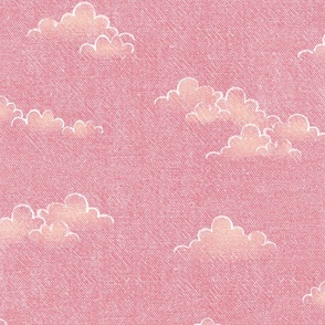 Chambray Cotton Clouds in Watermelon Sunset (large scale) | Hand drawn, summer clouds on natural cotton, chambray pattern, warp and weft weave pattern, sky with clouds on sunset pink and orange.