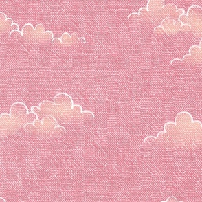 Chambray Cotton Clouds in Watermelon Sunset (xl scale) | Hand drawn, summer clouds on natural cotton, chambray pattern, warp and weft weave pattern, sky with clouds on sunset pink and orange.