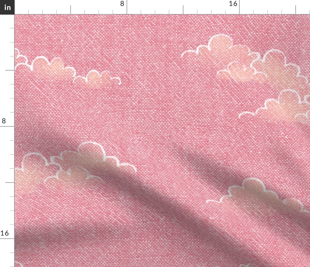 Chambray Cotton Clouds in Watermelon Sunset (xl scale) | Hand drawn, summer clouds on natural cotton, chambray pattern, warp and weft weave pattern, sky with clouds on sunset pink and orange.