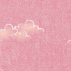 Chambray Cotton Clouds in Watermelon Sunset (xxl scale) | Hand drawn, summer clouds on natural cotton, chambray pattern, warp and weft weave pattern, sky with clouds on sunset pink and orange.