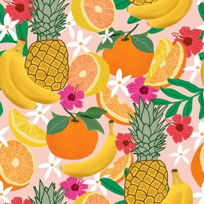 Tropical Fruits - Pineapples, Bananas, Oranges and Lemons on Pink Background