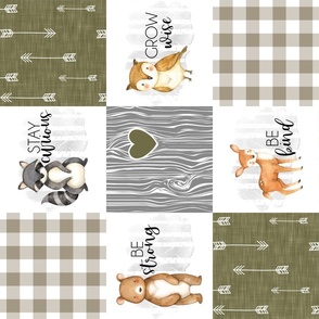 Woodland Buddies//Olive Green/Tan - Wholecloth Cheater Quilt - Rotated