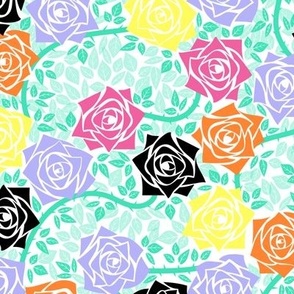 M Candy Rose Garden - Mystery Woodland - Colorful Roses on White - Lemon Yellow Rose (Neon Yellow), Burnt Orange Rose, Barbie Pink Rose (Bright Pink) Black Rose Soft Purple Rose (Purple Pastel) and Mint Green Vine (Pastel Green) - MOD inspired