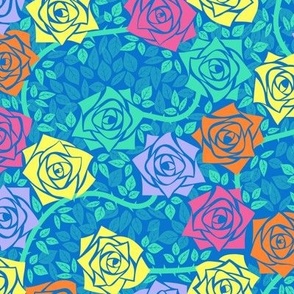 M Candy Rose Garden - Mystery Woodland - Colorful Roses on White - Red Rose, Bright Yellow Rose (Lemon Yellow), Burnt Orange Rose, Mustard Yellow Rose, Hot Pink Rose (Neon Pink) and Cobalt Blue Vine (Bright Blue) - Mid Century Modern inspired (MOD)