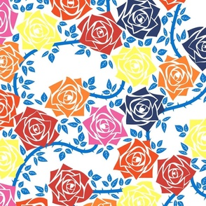 L Vintage Rose Garden - Mystery Woodland - Colorful Roses on White and Blue - Red Rose, Bright Yellow Rose (Lemon Yellow), Burnt Orange Rose, Mustard Yellow Rose, Hot Pink Rose (Neon Pink) and Cobalt Blue Vine (Bright Blue)- Mid Century Modern inspired