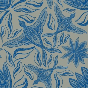Design with blue solid birds and peonies in a graphic with openwork lines on a gray background