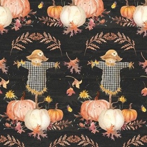 12" Whimsical Scarecrow Pumpkins Flowers and Autumn Leaves in Black by Audrey Jeanne