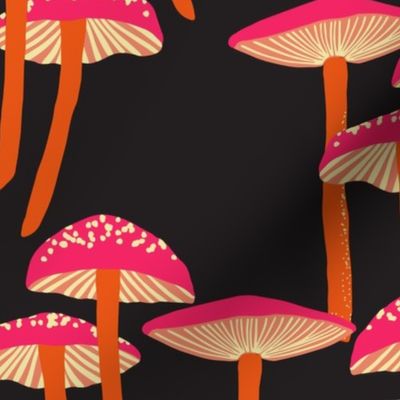 Mushroom Forest Black Neon Pink Orange Autumn Shrooms Large Scale