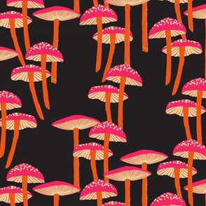 Mushroom Forest Black Neon Pink Orange Autumn Shrooms Large Scale