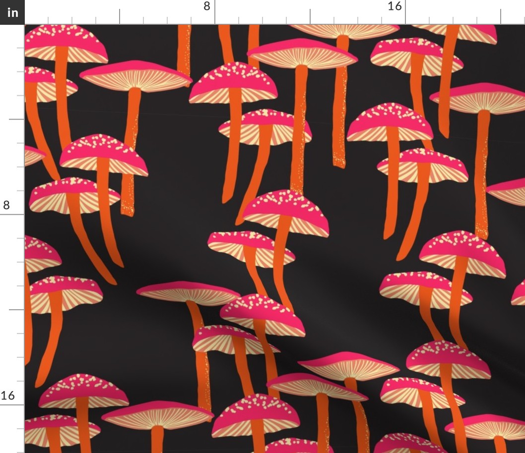 Mushroom Forest Black Neon Pink Orange Autumn Shrooms Large Scale