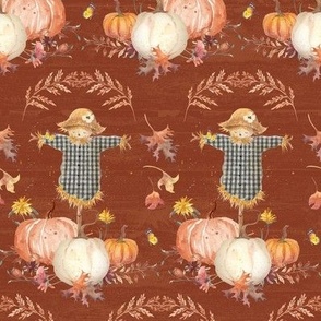 12" Whimsical Scarecrow Pumpkins Flowers and Autumn Leaves in Rust by Audrey Jeanne