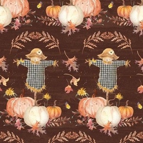 12" Whimsical Scarecrow Pumpkins Flowers and Autumn Leaves in Brown by Audrey Jeanne