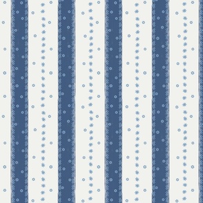 Navy blue stripes with dainty blossoms on white - medium scale