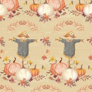 12" Whimsical Scarecrow Pumpkins Flowers and Autumn Leaves in Mustard by Audrey Jeanne
