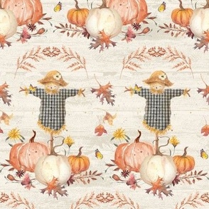 12" Whimsical Scarecrow Pumpkins Flowers and Autumn Leaves in Ivory by Audrey Jeanne