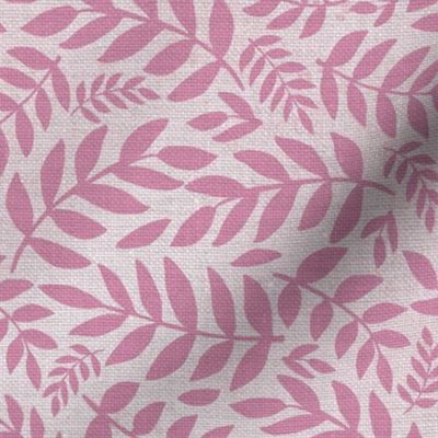 Dark Pink Silhouettes of Leaves on Pale Pink BG - Hand Drawn - Linen Texture - Coordinate