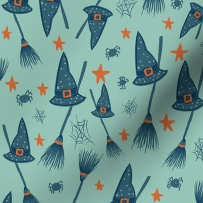 Medium /small - Retro blue witch hats and brooms with spider webs in pastel turquoise - Halloween