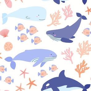 Large Under the Sea Cute Whales, Fish, and Seashells for Kids Sheets