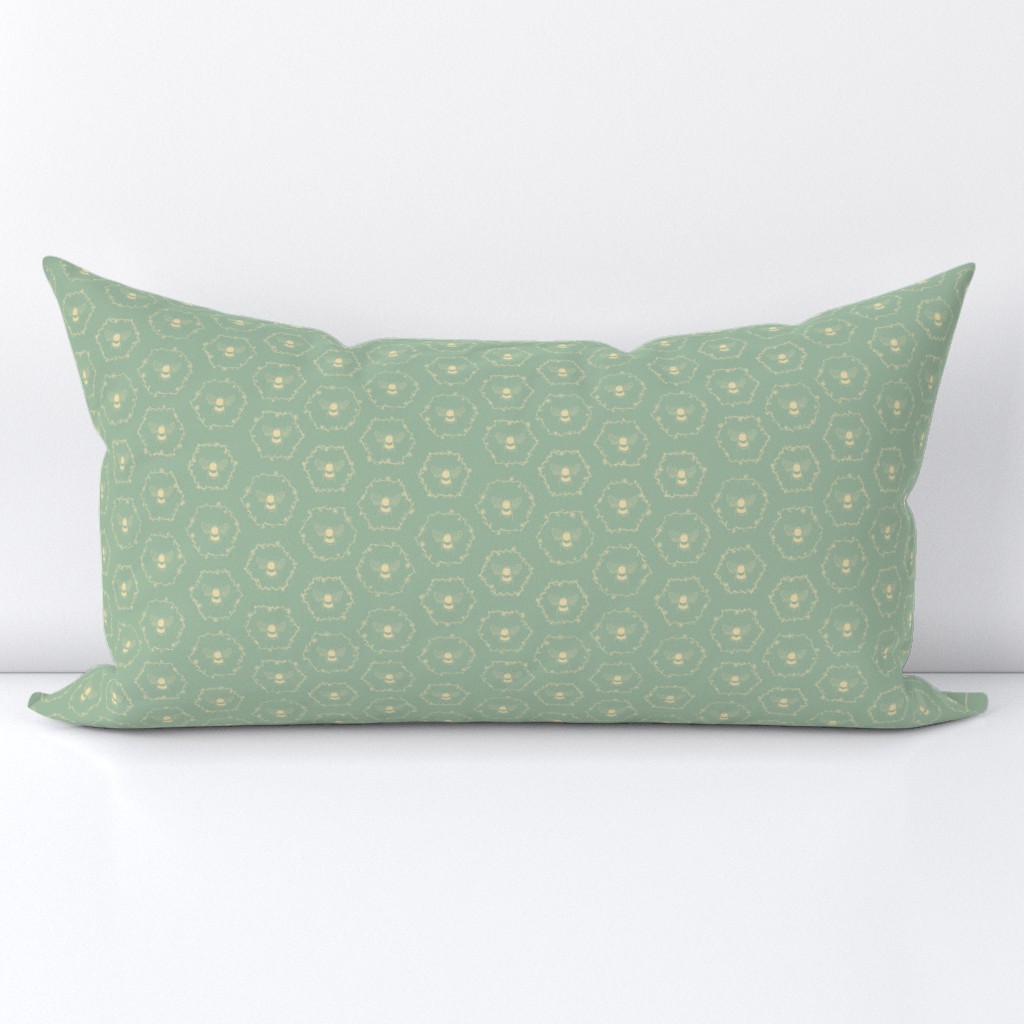 Small Light yellow gold honey bees and florals on sage green