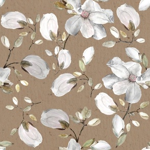 white florals on brown / magnolia / flower / watercolor