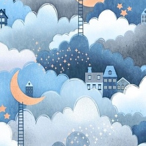 Blue dreamy clouds, stars, yellow moons and houses, medium scale