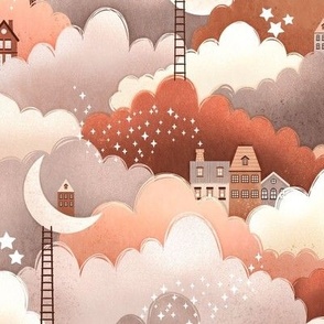 Cloud town. Cozy neutral warm wallpaper design featuring  clouds, moon, houses and stars, medium