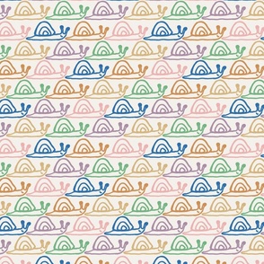 BRIGHT MULTI COLOURED RAINBOW HAND-DRAWN CUTE HAPPY SNAILS 70'S VIBE PINK GREEN BLUE YELLOW ORANGE SMALL SCALE