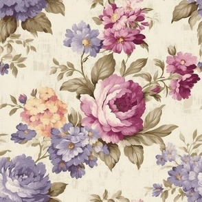 Plum Orchid and Steel Blue Classic Chintz Floral With Sage Green Leaves and Hints of Peachy Pink Flowers on a Neutral Backdrop